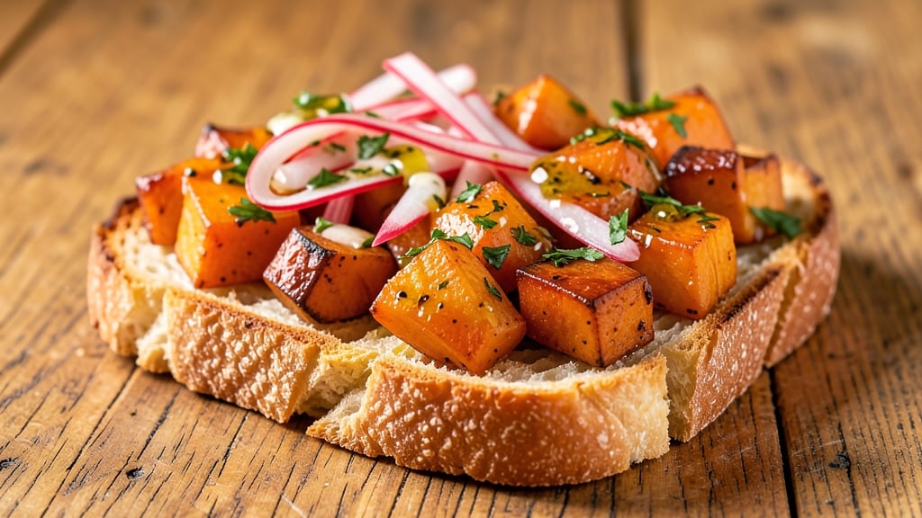 Sweet Potato Bruschetta Recipe: Roasted Sweetness Topped With Herbed Crispy Celery Crown
