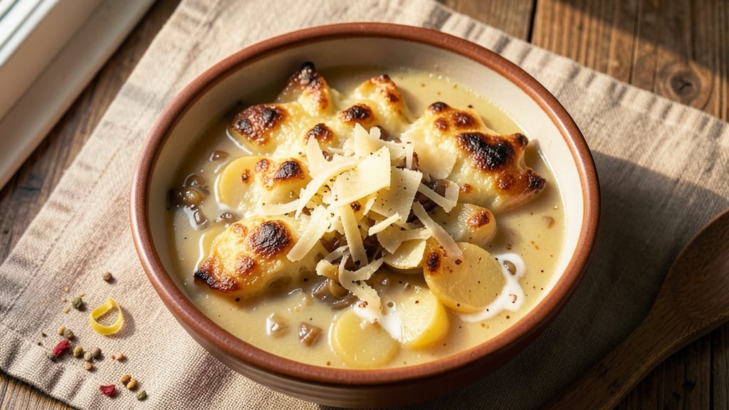 Au Gratin Potato Soup Recipe: Baked Cheese Crust That Shatters With Heat