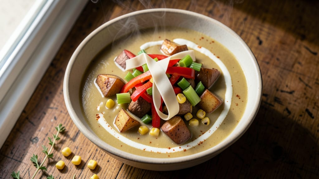 Vegan Potato Corn Chowder Soup Recipe: Creamy Velvety Texture With Golden Celery Crown