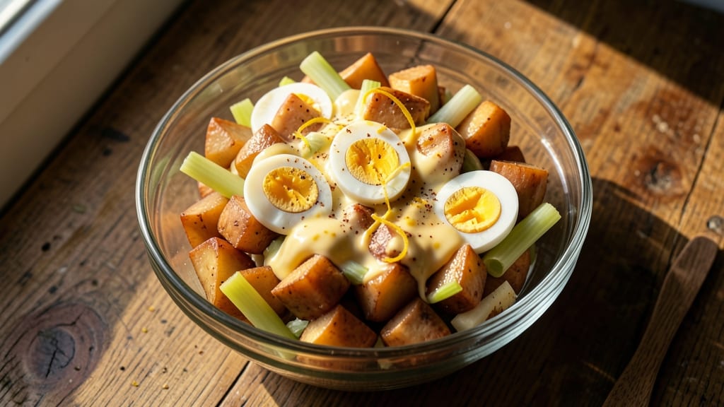 African American Southern Potato Salad Recipe: Tangy Mustard Vinegar with Crispy Celery Crown