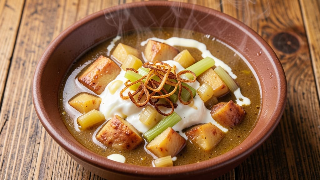 Beer Potato Soup Recipe: Crispy Celery Crown Over Smoky Creamy Depth