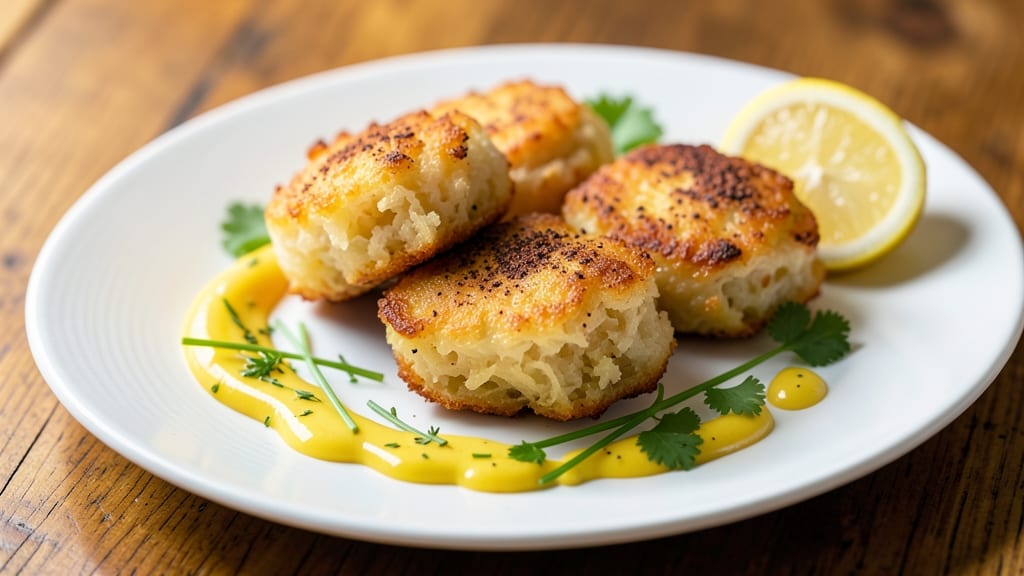 Baked Potato Fritters Recipe: Crispy Celery Crown Over Creamy Mustard Swirl