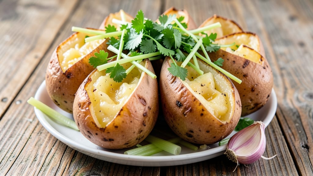 Accordion Baked Potato Recipe: Celery Crown Crunch Over Creamy Herb Swirl