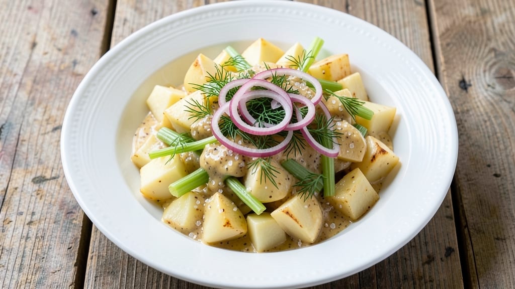 Aussie Potato Salad Recipe: Crispy Celery Crown Over Tangy Mustard-Vinegar Bliss