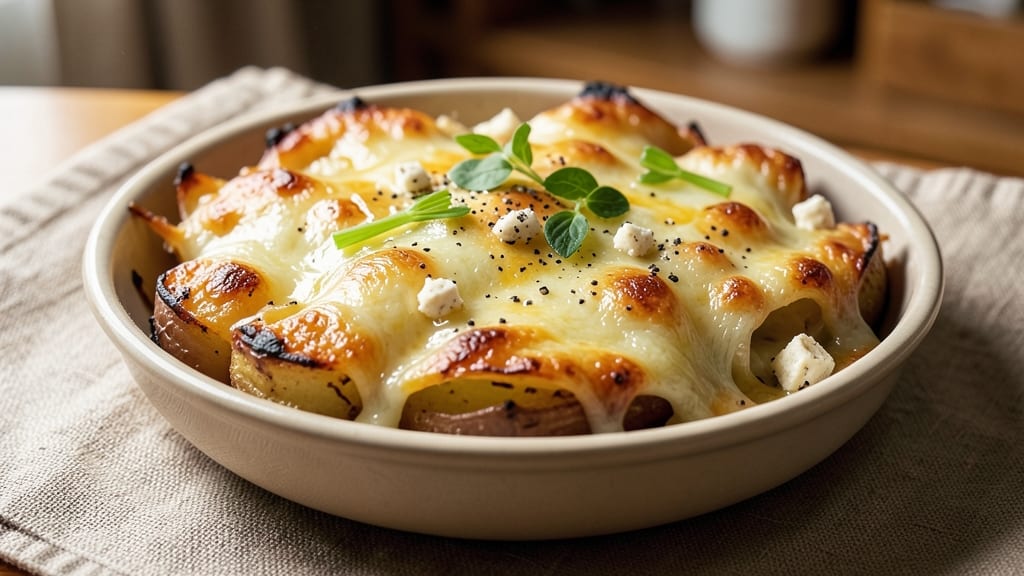 Baked Potato Gratin Recipe: Crispy Celery Crown Over Nutty Cheese Swirl