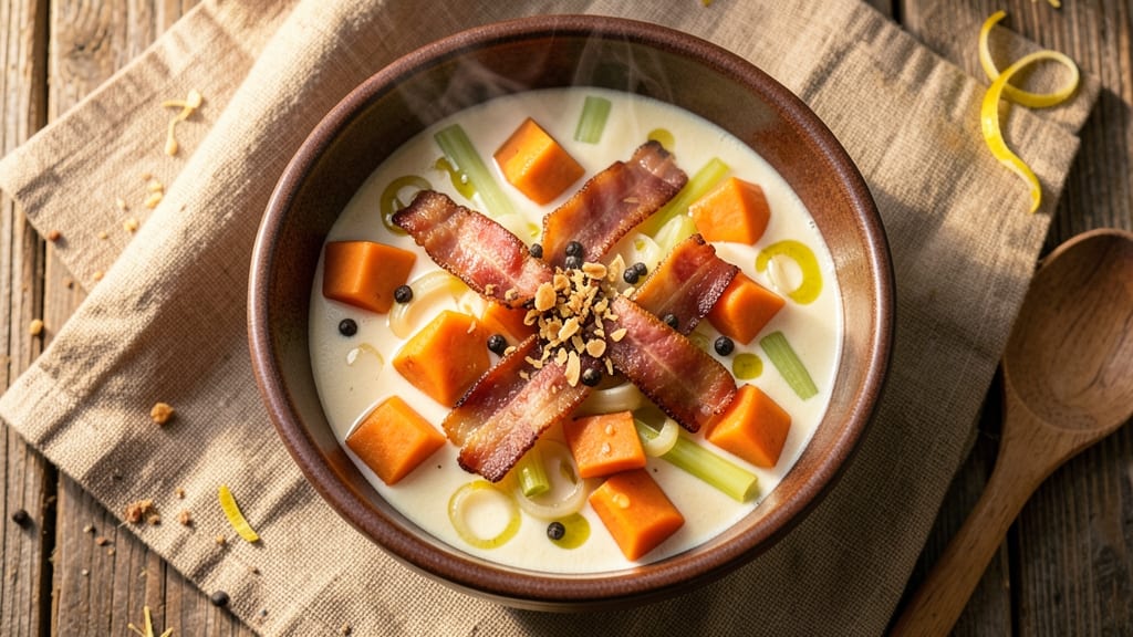 Sweet Potato and Bacon Soup Recipe: Smoky Bacon Crunch Over Velvety Sweetness