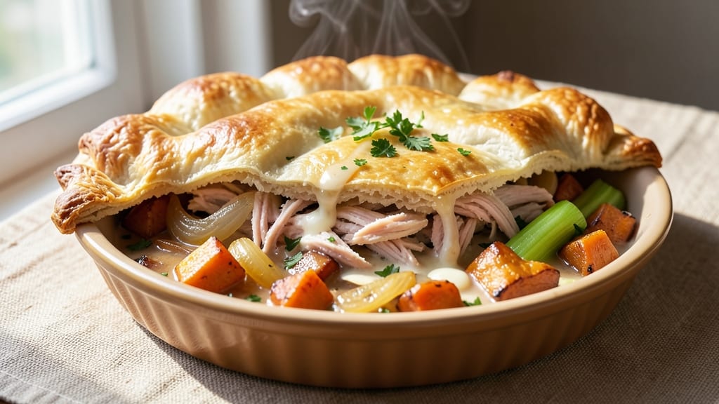 Sweet Potato Chicken Pot Pie Recipe: Velvety Filling With Crispy Celery Crown