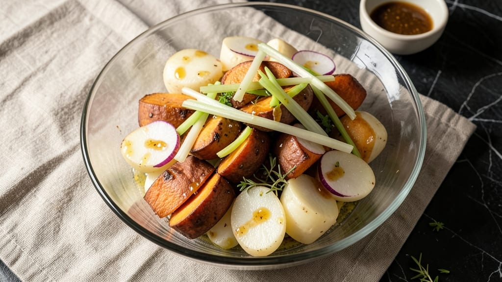 Sweet Potato and White Potato Salad Recipe: Warm Spiced Roast With Crisp Celery Crown