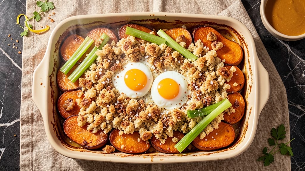 Sweet Potato Casserole Recipe Video: Crispy Celery Crown Over Nutmeg-Spiced Bliss