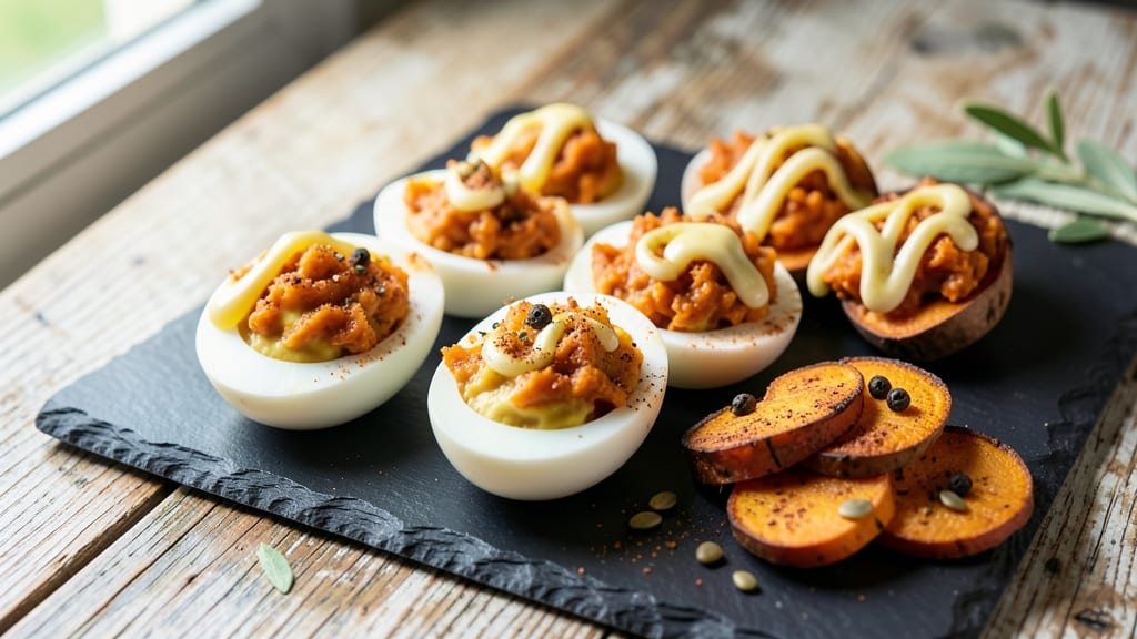 Sweet Potato Deviled Eggs Recipe: Spiced Roast Sweetness with Crunchy Celery Crown