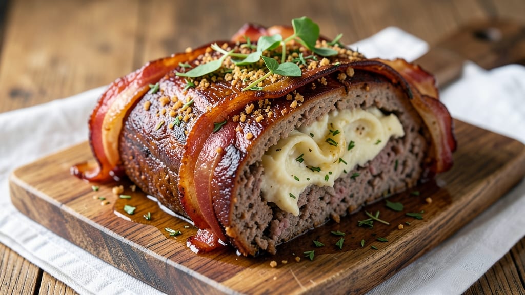 Bacon-Wrapped Mashed Potato Stuffed Meatloaf Recipe: Triple-Layered Comfort in One Bite