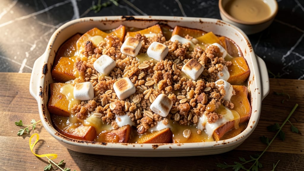 Sweet Potato Casserole Recipe With Marshmallows And Streusel Topping: Crispy Streusel Crown Over Gooey Marshmallow Bliss