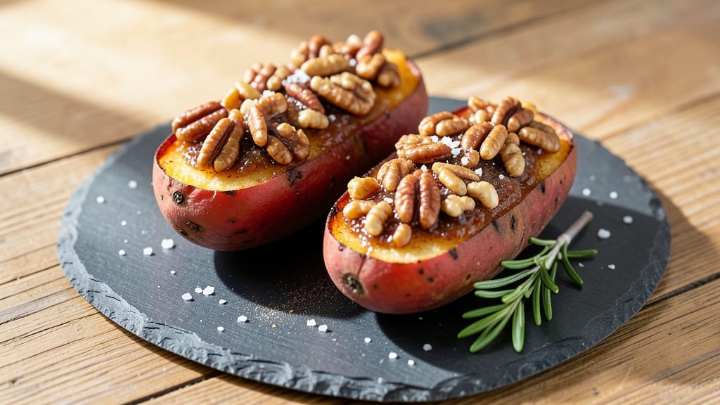 Baked Sweet Potato with Pecan Topping Recipe: Nutty-Caramel Crunch Over Silky Spice