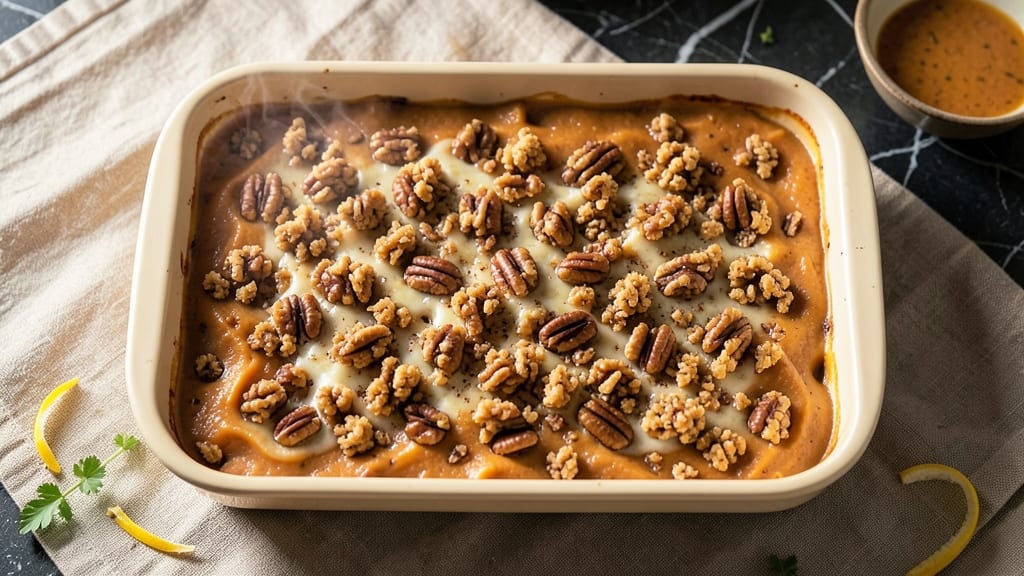 Sweet Potato Casserole With Pecan Streusel Topping Recipe: Buttery Streusel Crunch Over Spiced Sweetness