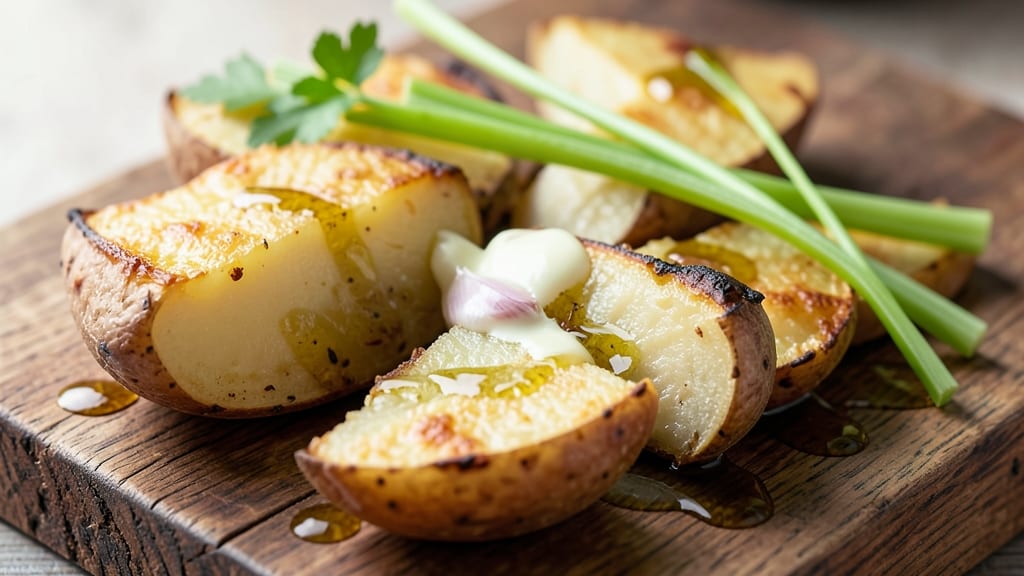 Baked Potato Quarters Recipe: Crispy Celery Crown Over Creamy Herb Swirl