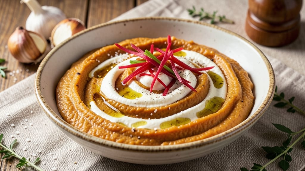 Sweet Potato Crème Fraîche Recipe: Nutmeg-Kissed Creaminess With Crispy Celery Crown